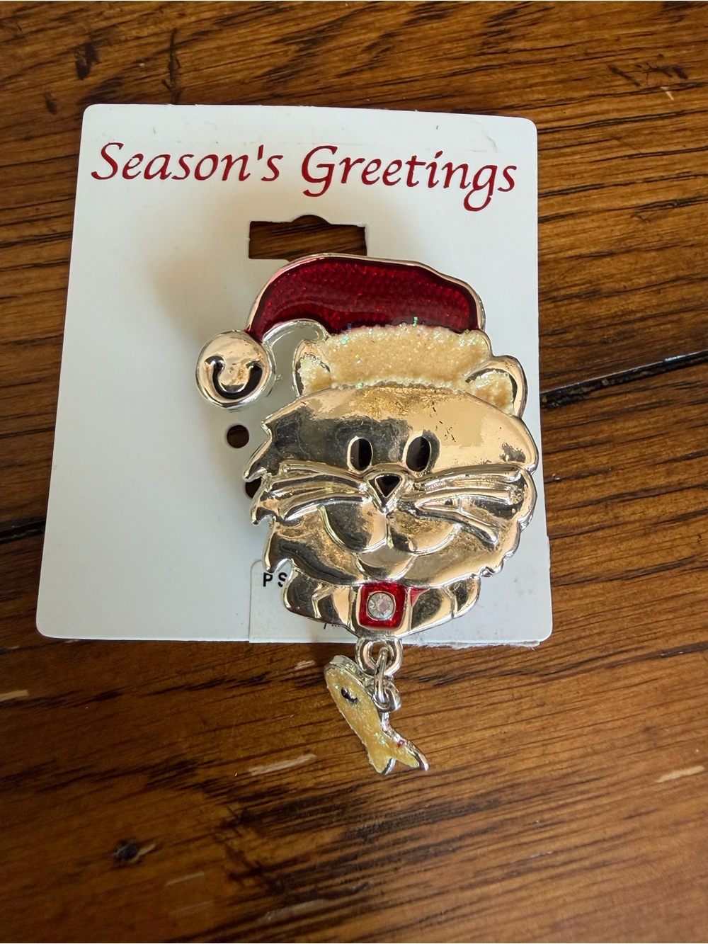 Vintage Season's Greetings Cat Holiday brooch